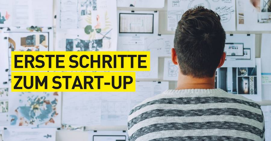Person blickt auf eine Wand voller Konzeptzeichnungen, Text „Erste Schritte zum Start-up“.
